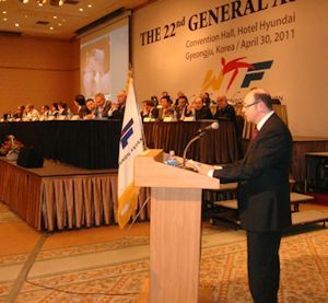 Michael Sirota of GPTU presenting at the WTF General Assembly on Para-Taekwondo on the occasion of the 2011 World Taekwondo Championships - Korea